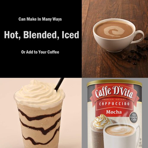 Caffe D'Vita Mocha Cappuccino - Instant Powder Coffee Mix, Gluten Free, No Cholesterol, No Hydrogenated Oils, No Trans Fat, 99% Caffeine Free - 16 Oz Can, 6-Pack