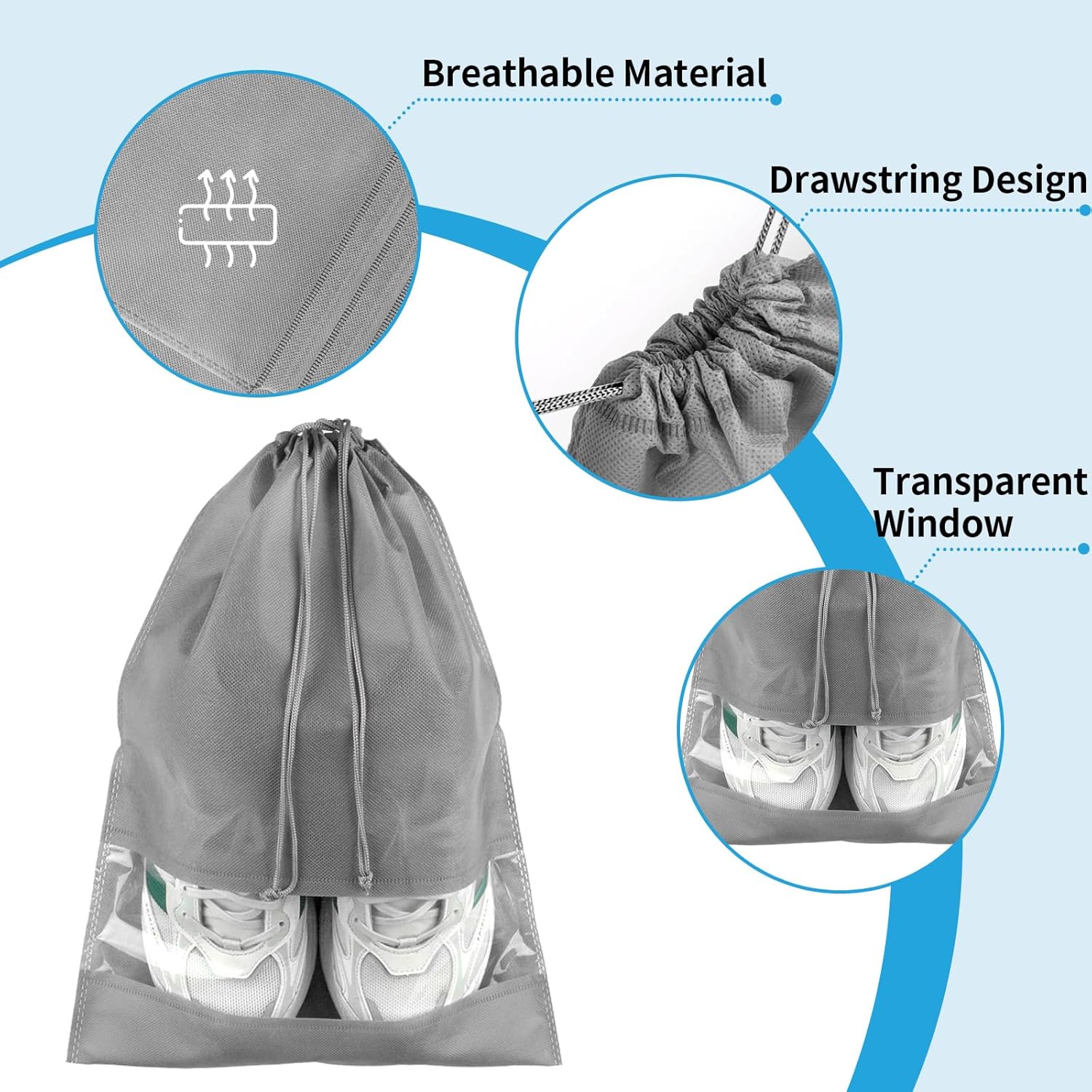 Skiennix Travel Shoe Bags - 5 Large Non-Woven Drawstring Storage Bags with Clear Window | Gray (12.6" X 17.3")
