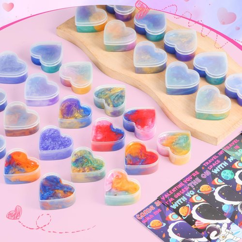 28 Pack Valentines Day Cards for Kids School - Galaxy Slime Stress Relief Fidget Toys, Perfect Classroom Exchange Gifts & School Party Favors, Kids Valentines Day Gifts for School Classroom