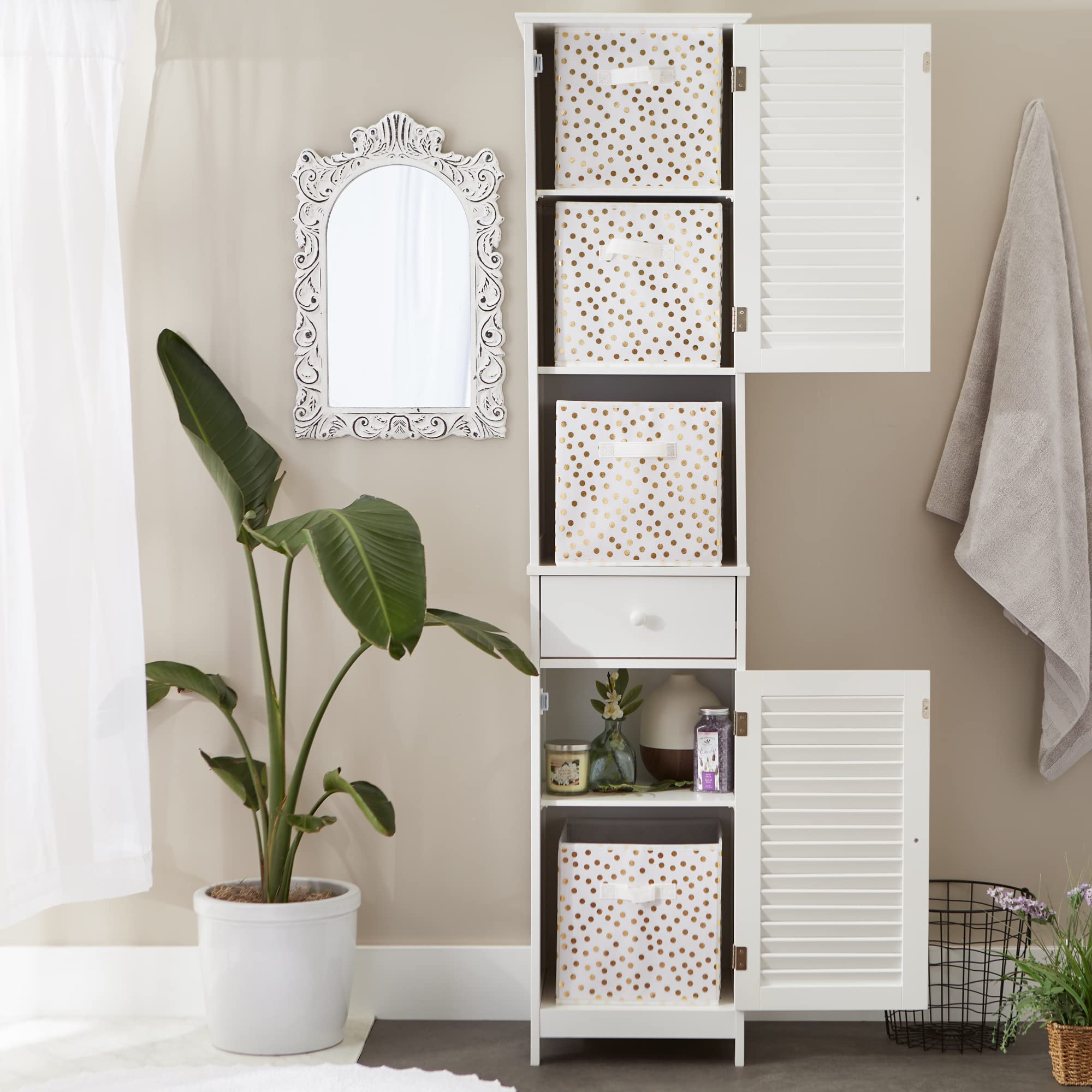 DII Non Woven Polyester Storage Bin, Polka Dot, White & Gold, Small Set of 4