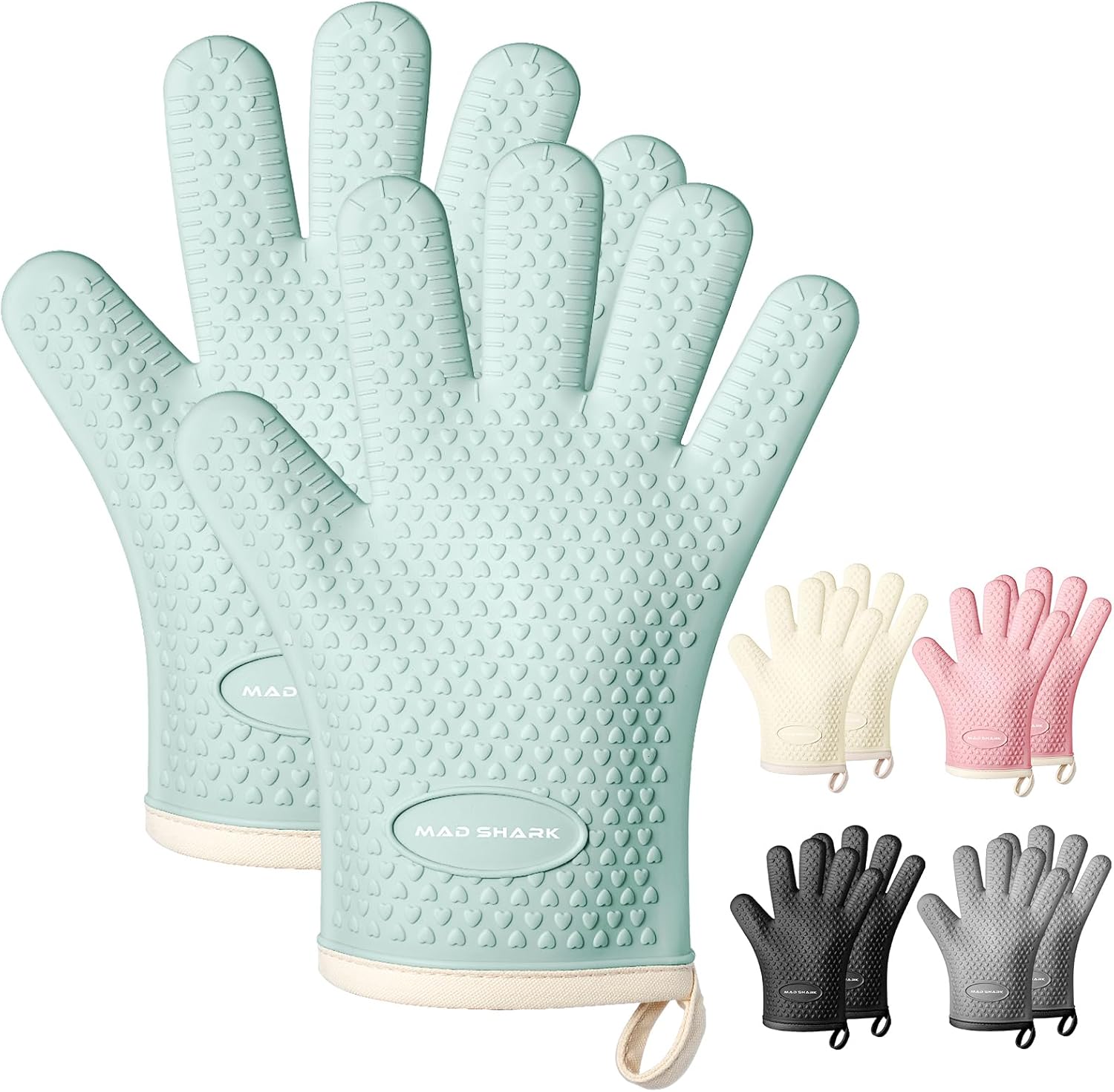 MAD SHARK Silicone Oven Mitts - Heat Resistant 450°F, Waterproof & Non-Slip Kitchen Gloves | Green