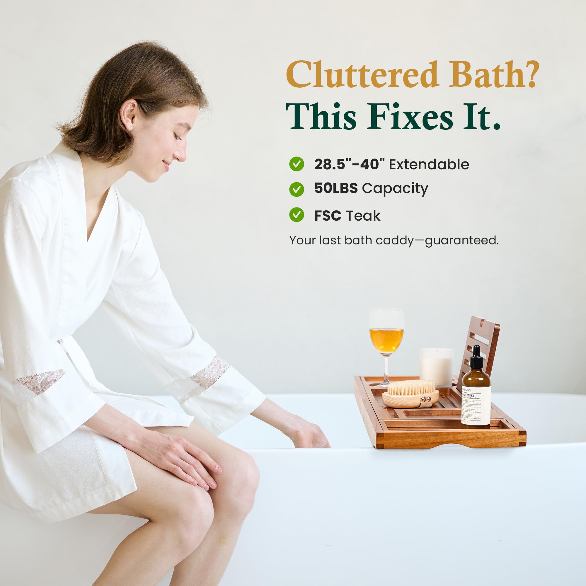 Realgulf Teak Bathtub Tray, Bath Caddy with Wine Glass Holder, Phone Dock & Book Stand | Hands-Free Reading & Ultimate Spa Relaxation Experience-Natural