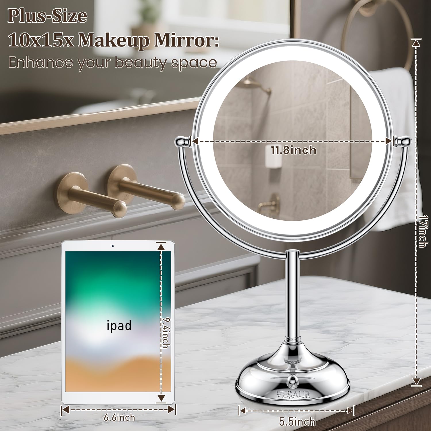 VESAUR Upgraded 11" Large 17" Tall Lighted Makeup Mirror Silver, 1X/10X Dual-Sided Magnifying with 15X Suction Mirror, 3 Color Adjustable Lights, 360° Swivel Dual Power Vanity Mirror, Gift Box