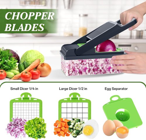 HomeHacks Vegetable Chopper - 12-in-1 Multi-Functional Kitchen Gadget with Dicer, Slicer & Grater (Green)