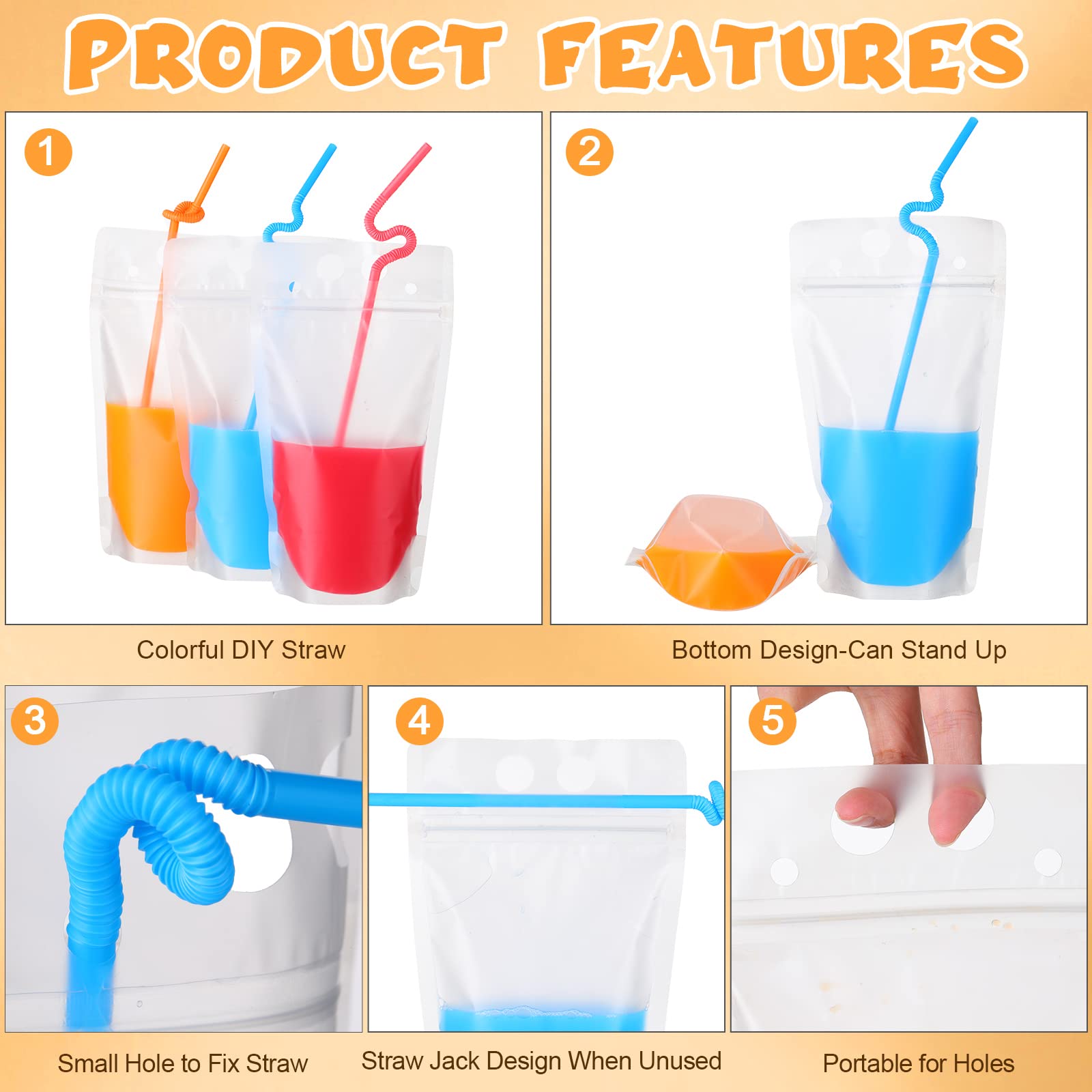 Nuenen 600 Pack Drink Pouches with 600 Straws Freezable Juice Pouches Straw Holes 17 oz Reclosable Drinking Bags for Adults for Smoothie Cold Hot Drinks Party (Classic)