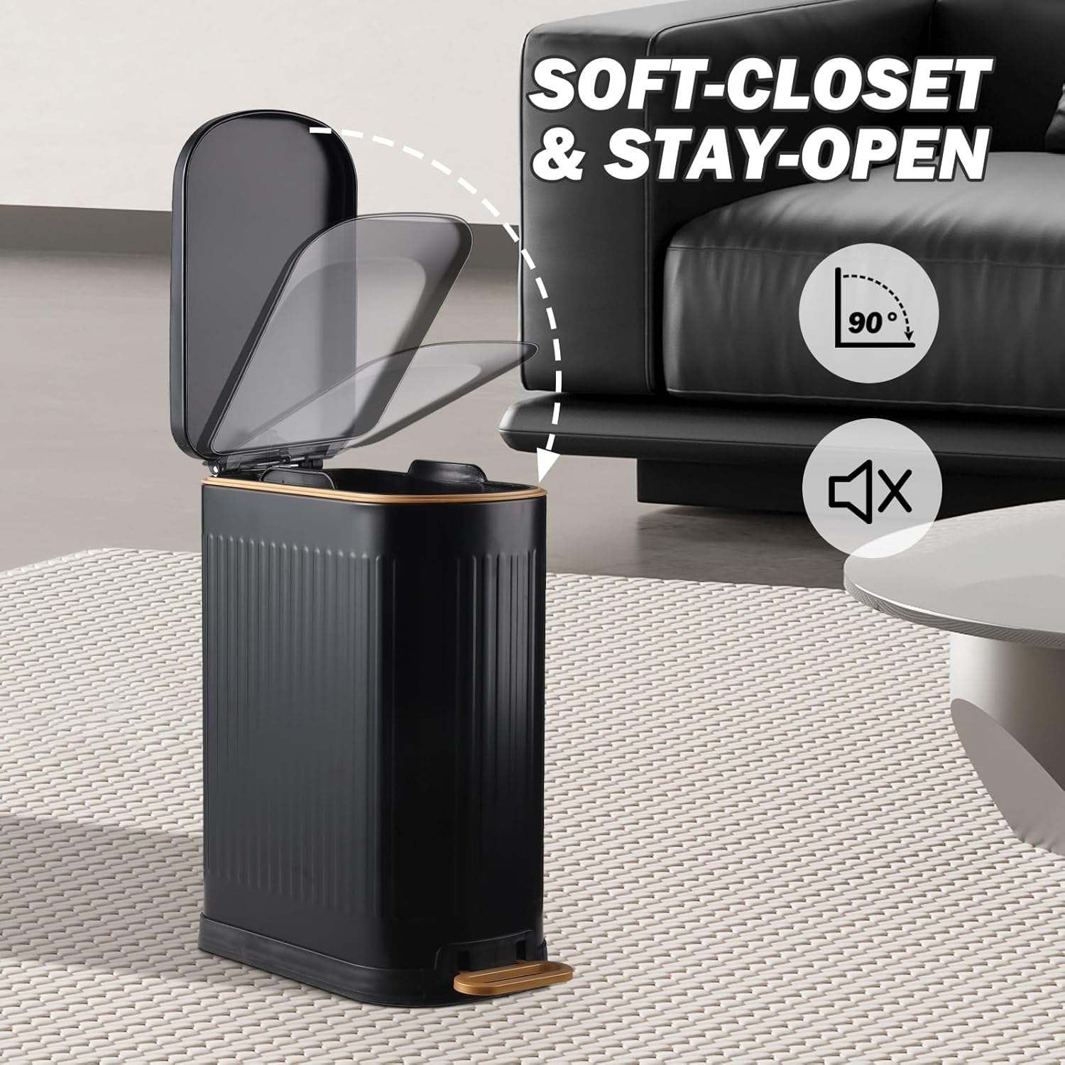 SYNCVIBE Slim Bathroom Trash Can - Stainless Steel Soft Close Step Bin with Removable Inner Bucket | Matt Black, 3.5 Gallons
