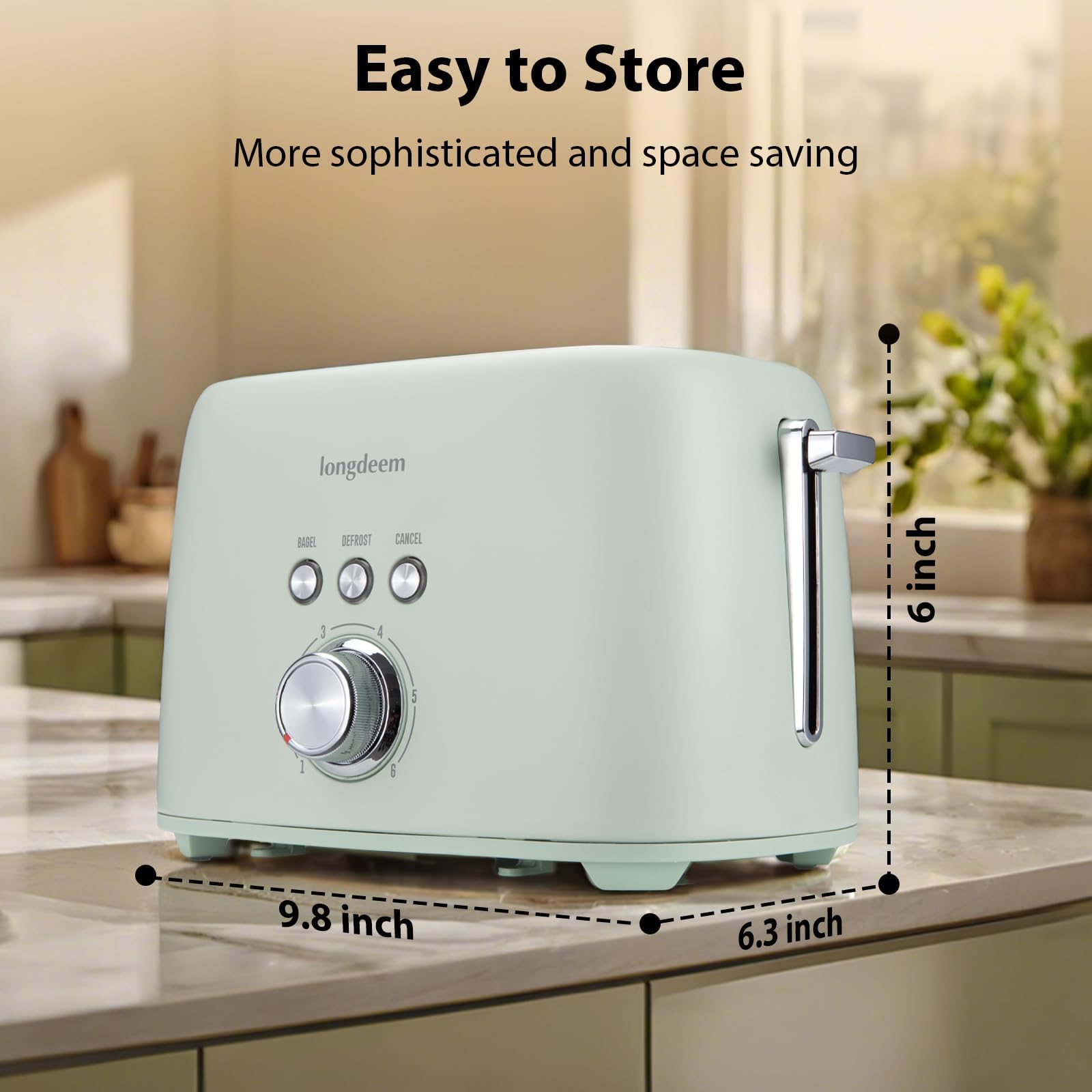 2 Slice Toaster - Stainless Steel, 1.5" Extra Wide Slots, 6 Browning Settings, Bagel/Defrost/Cancel Modes, Green