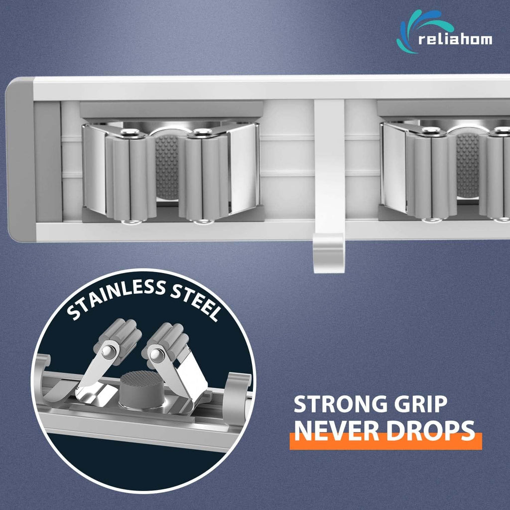 Reliahom Broom Holder Wall Mount - 2 Pack with 5 Racks & 4 Hooks for Garage, Kitchen, Garden Storage