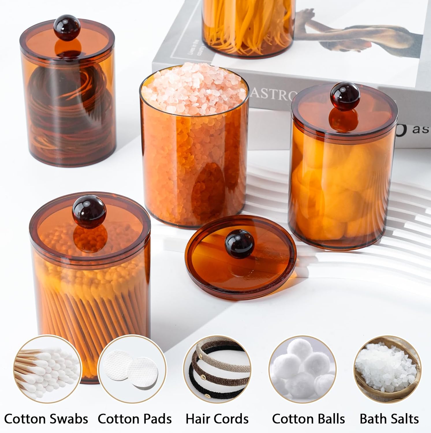 XIPENGKEJI Qtip Holder Set - 4 Pack Apothecary Jars with Lids for Bathroom Organization | 10oz-12oz Brown Canisters