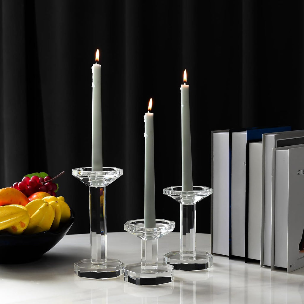 Skiennix Crystal Candlestick Holders - Set of 3 Clear Holders for Taper & Pillar Candles | Elegant Table Centerpieces (4''/6''/8'' Tall)