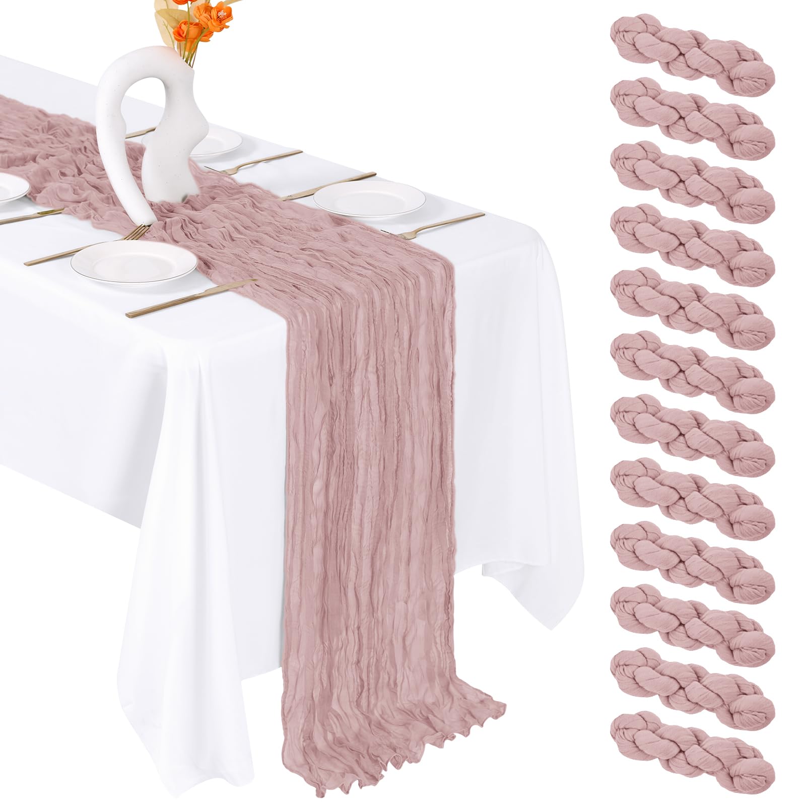 FANTEKE 12 Pack Dusty Pink Cheesecloth Table Runner 20 x 120 Inch Gauze Table Runner Fabric Semi Sheer Cheese Cloth Table Decor Bulk for Rustic Romantic Wedding Baby Shower Party Table Decoration