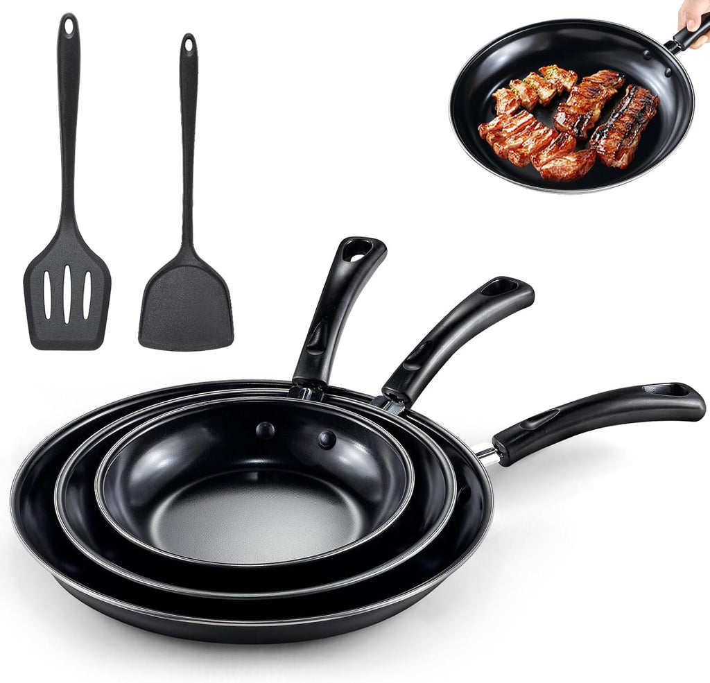 Nonstick Frying Pans Set of 3 by [Brand Name] - Durable Carbon Steel Skillets with PFOA-Free Coating | Includes 2 Spatulas, 7.9, 10.2, 11.8 Inch Sizes