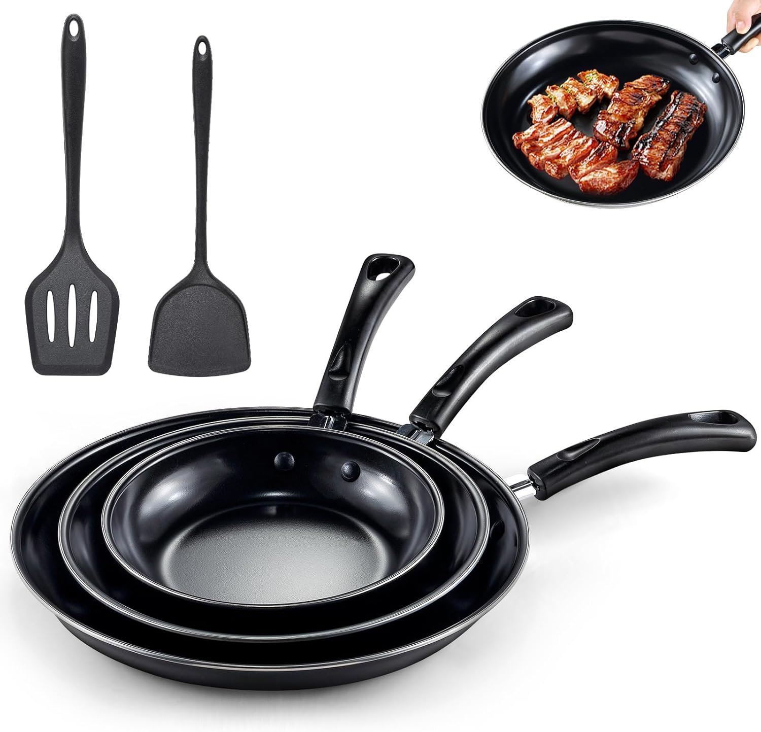 Nonstick Frying Pans Set of 3 by [Brand Name] - Durable Carbon Steel Skillets with PFOA-Free Coating | Includes 2 Spatulas, 7.9, 10.2, 11.8 Inch Sizes