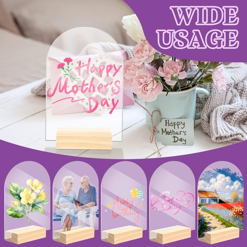 Bercoor 5 Pack 4x6 Inch Blank Clear Arch Acrylic Sign with Wooden Stands, Arched Round Top Acrylic Sheet, DIY Acrylic Arch Table Numbers for DIY Name Card Gifts Event Party Sign Decoration