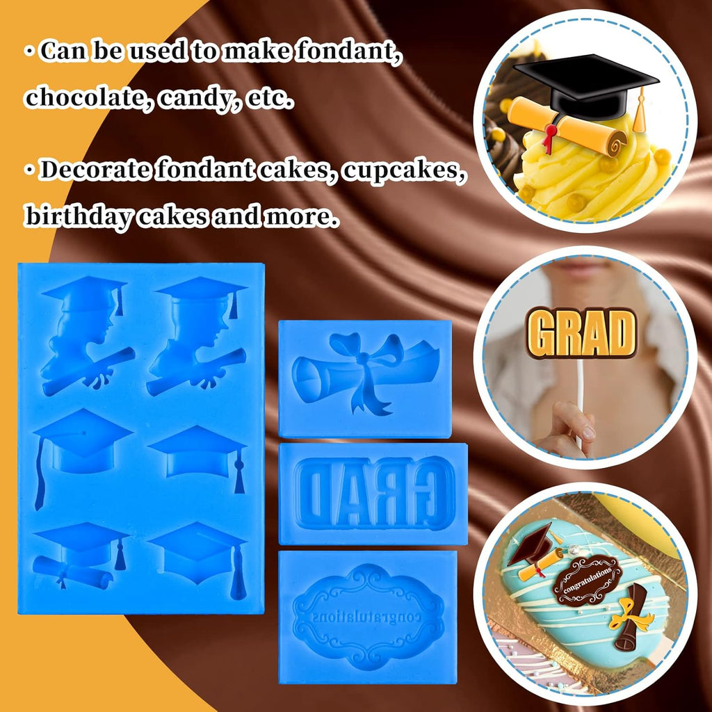 Whaline Graduation Mini Fondant Molds - 4 Pack Silicone Caps & Diplomas for Cake Decoration | Blue
