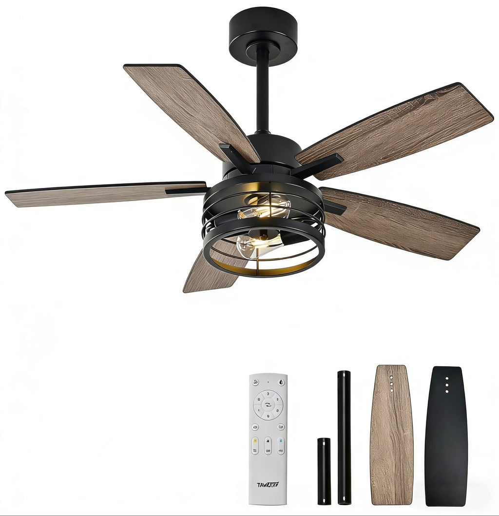 TAVZAKE 42 inch Ceiling Fans with Lights, Low Profile Ceiling Fan with Remote Control, 6 Speeds DC Reversible, 5 Blades, Classic Ceiling Fans for Living Room and Garage