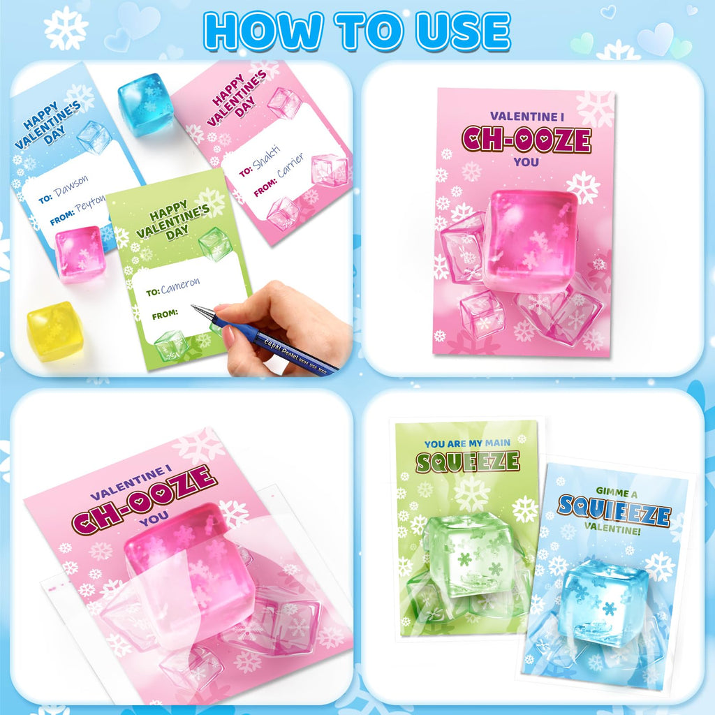 Valentines Day Cards Gifts for Kids School, 24 Pack Snow Cube Squeeze Balls with Greeting Cards for Kids Classroom Exchange Prizes, Stretchy Toy Balls Bulk Gift, Squeeze Fidget Toy for Party Favors