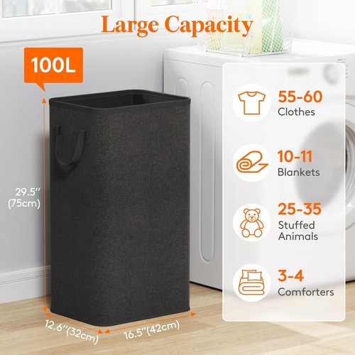 Lifewit 100L Large Tall Laundry Hamper - Collapsible & Portable Basket with Handles | Black