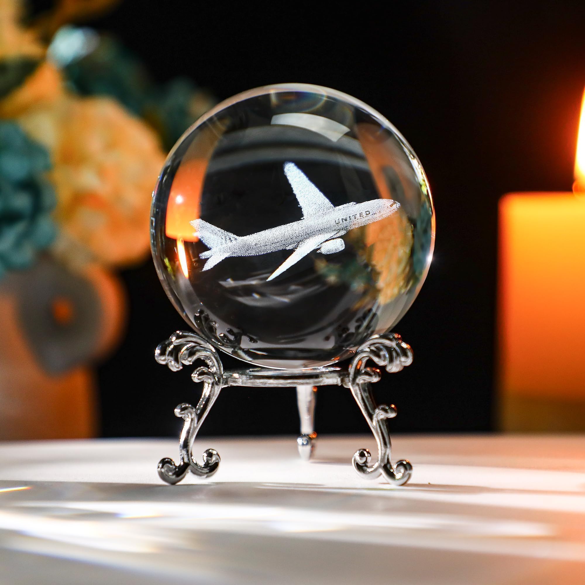 HDCRYSTALGIFTS 60mm 3D Lase Engraved Airplane Crystal Ball with Stand Glass Sphere Plane Paperweight Decor Pilot Gifts for Men Women
