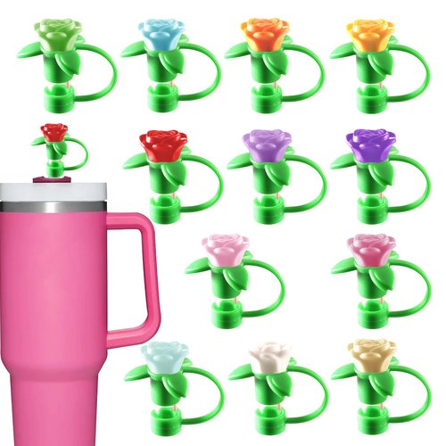 12 Colors 3D Rose Straw Topper for Stanley Tumblers - Silicone Straw Cover Caps Fits 10mm Straws of 20oz/30oz/40oz Stanley Cups