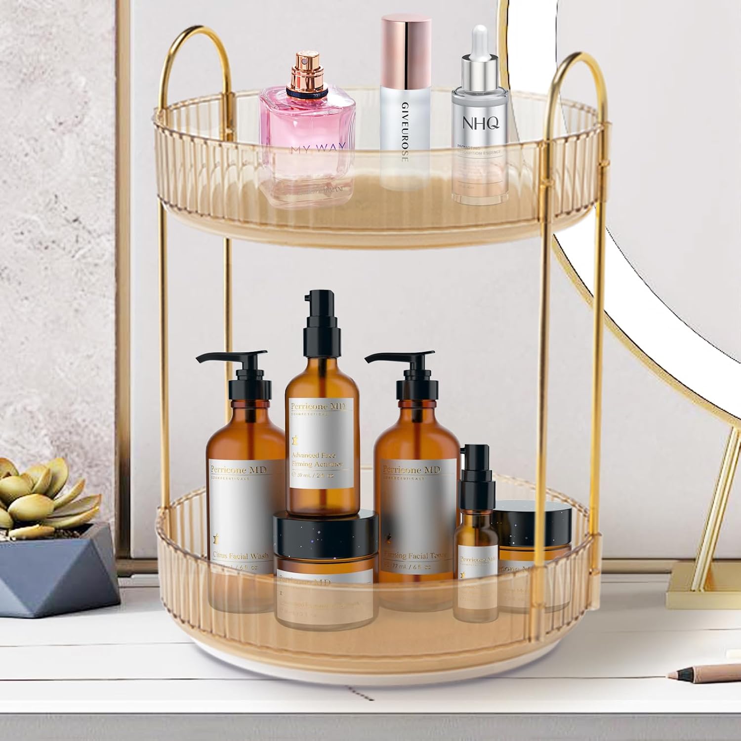 Skiennix Rotating Makeup Organizer - 2-Tier Clear Lazy Susan for Skincare & Perfume Storage | Amber Gold