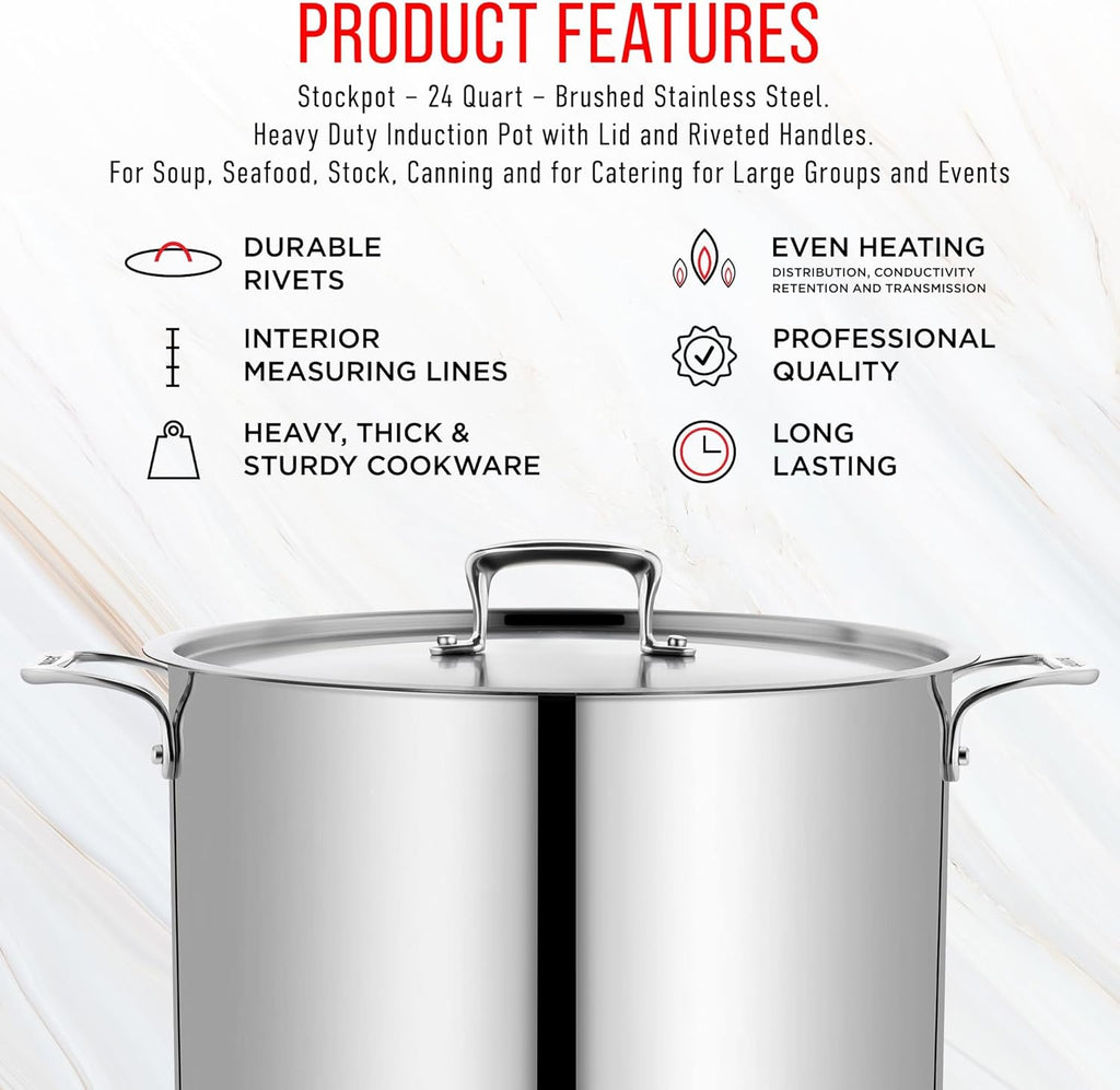 Stainless Steel Stockpot by [Brand Name] - 24 Quart Durable Design with Impact-Bonded Base & Riveted Handles