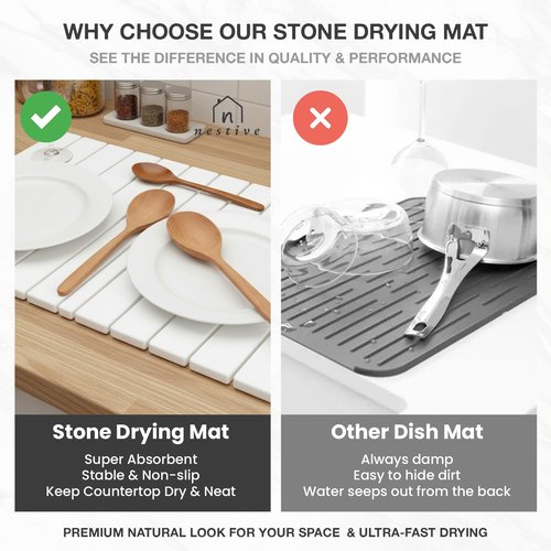 Large Stone Dish Drying Mat for Kitchen Counter, 24"x16", Fast Drying Collapsible, Diatomaceous Earth Mat, Super Absorbent Folding Mat for Dishes, Bottles, Glass, Heat-Resistant, Non-Slip (White)