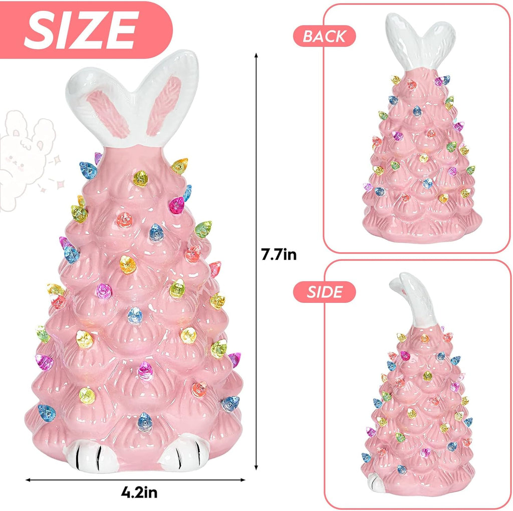 Skiennix Cute Ceramic Easter Bunny Tree Decor - Light Up Spring Tabletop Decoration for Kids (Pink)