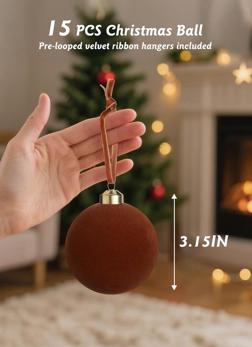 Brightown 15 Pcs Brown Velvet Christmas Balls - 3.15 Inch Ornaments for Holiday Tree Decor
