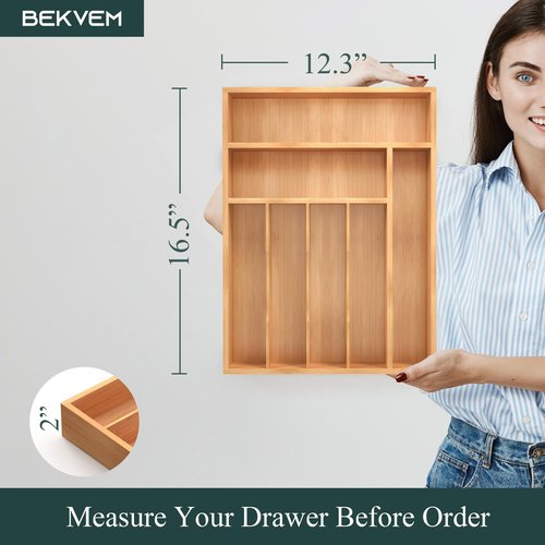 BEKVEM Bamboo Silverware Organizer, Kitchen Drawer Organizer, Utensil Holder, Cutlery Tray & Spoon Flatware Storage with Grooved Drawer Dividers (7 Slots, Natural)