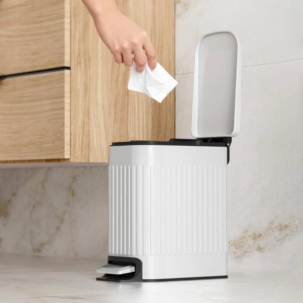 TrashAid Slim Bathroom Trash Can - Soft Close Lid, 6L Stainless Steel Wastebasket | White