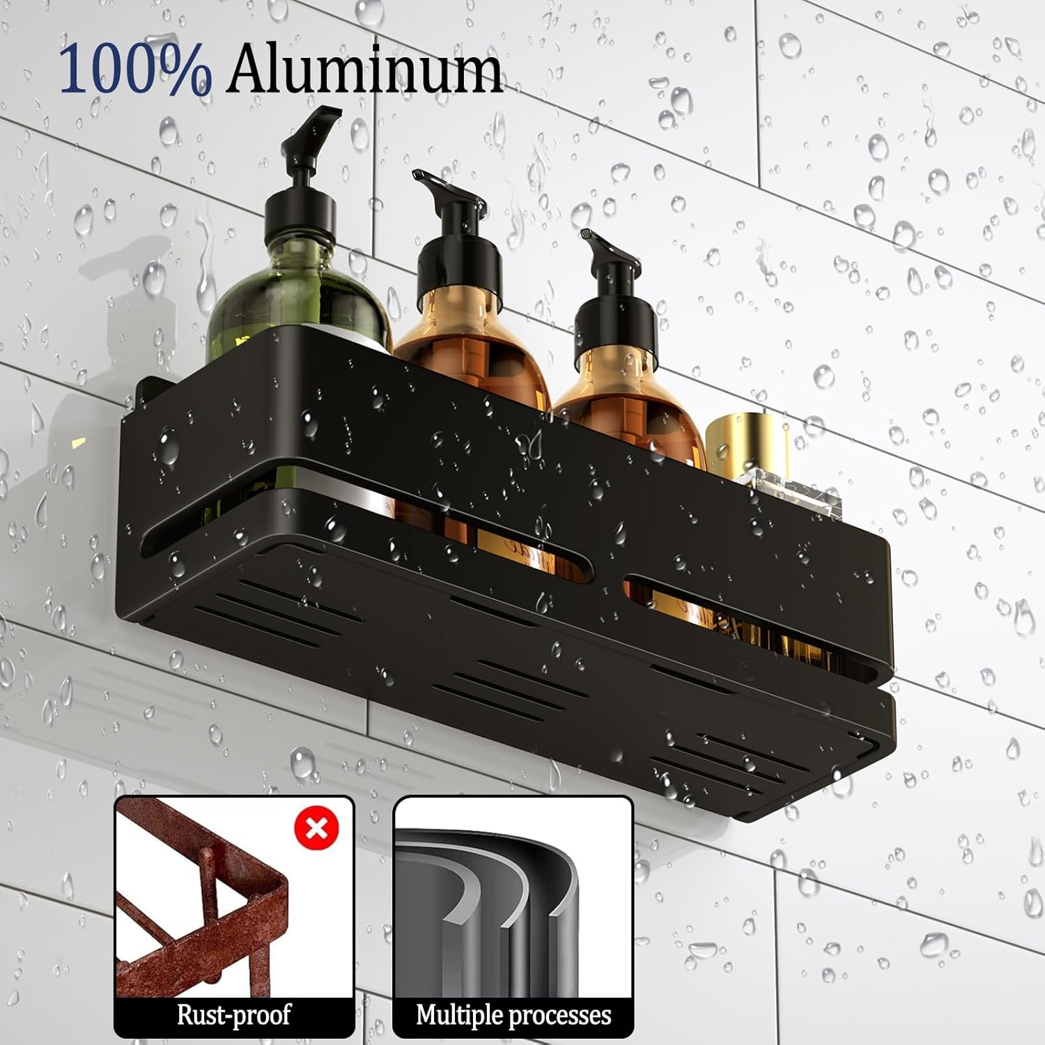 Skiennix Shower Caddy - Heavy-Duty No-Drill Bathroom Organizer | 2-Pack Black Metal Storage Shelf