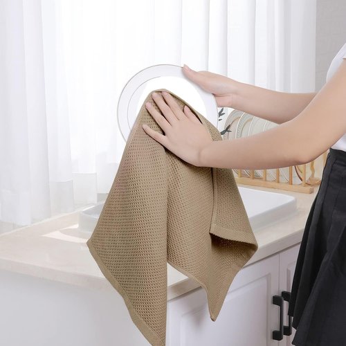 Homaxy 100% Cotton Waffle Weave Dish Towels - Ultra Soft & Absorbent, Quick Drying | 12-Pack, Tan, 13 x 28 Inches