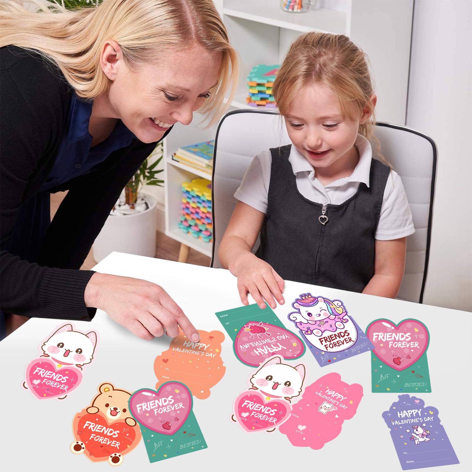 Valentines Day Cards for Kids, 24 Pack Valentines Gift Classroom Cards with Galentines Friendship Bead Bracelets, Valentines Gift Exchange for Boys Girls, Valentines Party Favors Supplies for Kids