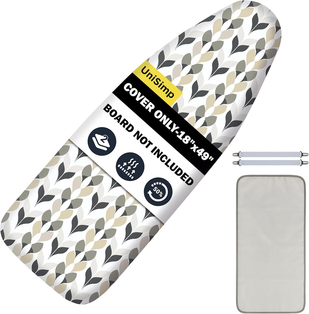 UniSimp Ironing Board Cover - Extra Thick Natural Cotton, Scorch & Stain Resistant | 18"x49" Foliage Design