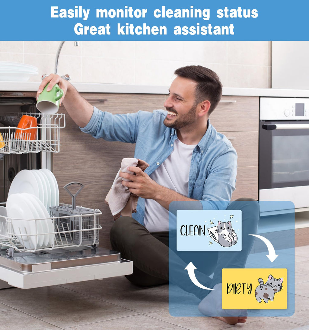 Funny Cute Cartoon Cat Dishwasher Magnet Clean Dirty Sign, Double Sided Dirty Clean Dish Washer Magnet Indicator for Kitchen