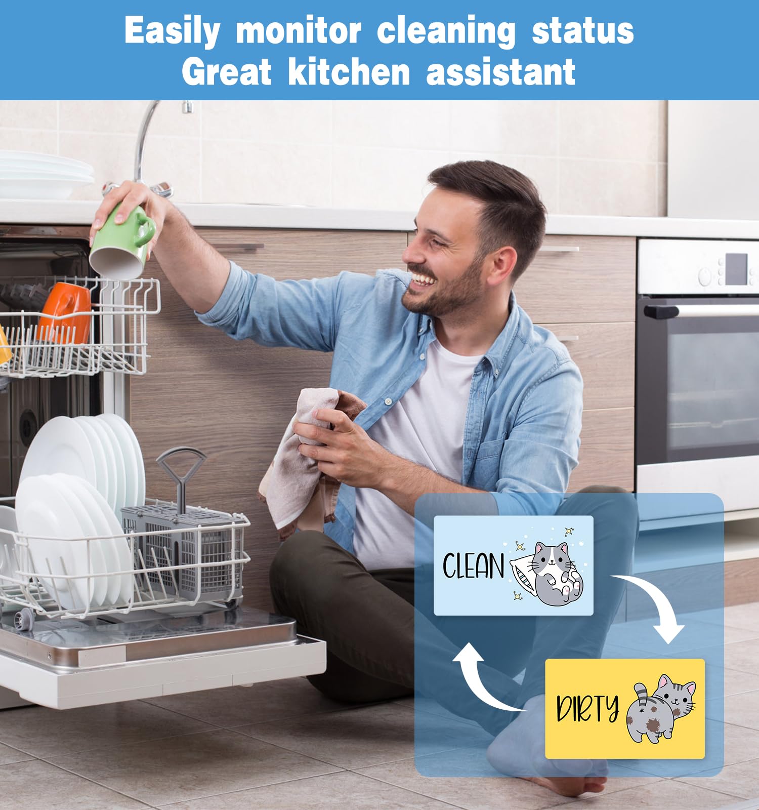 Funny Cute Cartoon Cat Dishwasher Magnet Clean Dirty Sign, Double Sided Dirty Clean Dish Washer Magnet Indicator for Kitchen