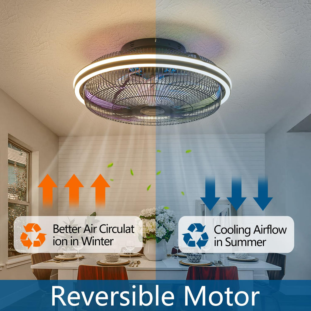 HuixuTe 21 in Modern Ceiling Fan with Light Remote Control, 3 Colors 3 Speeds Enclosed Low Profile FUSH Mount Ceiling Fan with Light for Bedroom Living Room