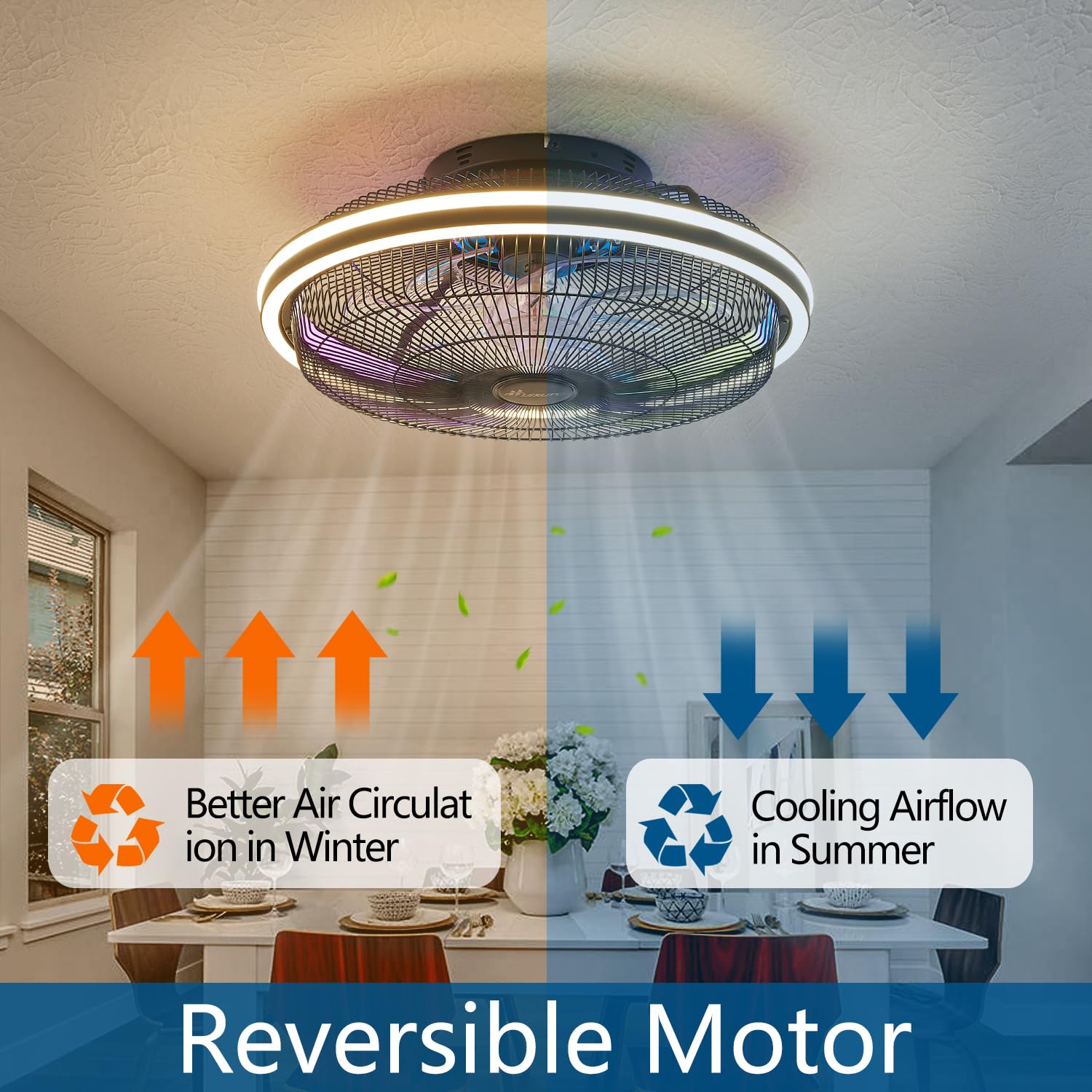 HuixuTe 21 in Modern Ceiling Fan with Light Remote Control, 3 Colors 3 Speeds Enclosed Low Profile FUSH Mount Ceiling Fan with Light for Bedroom Living Room