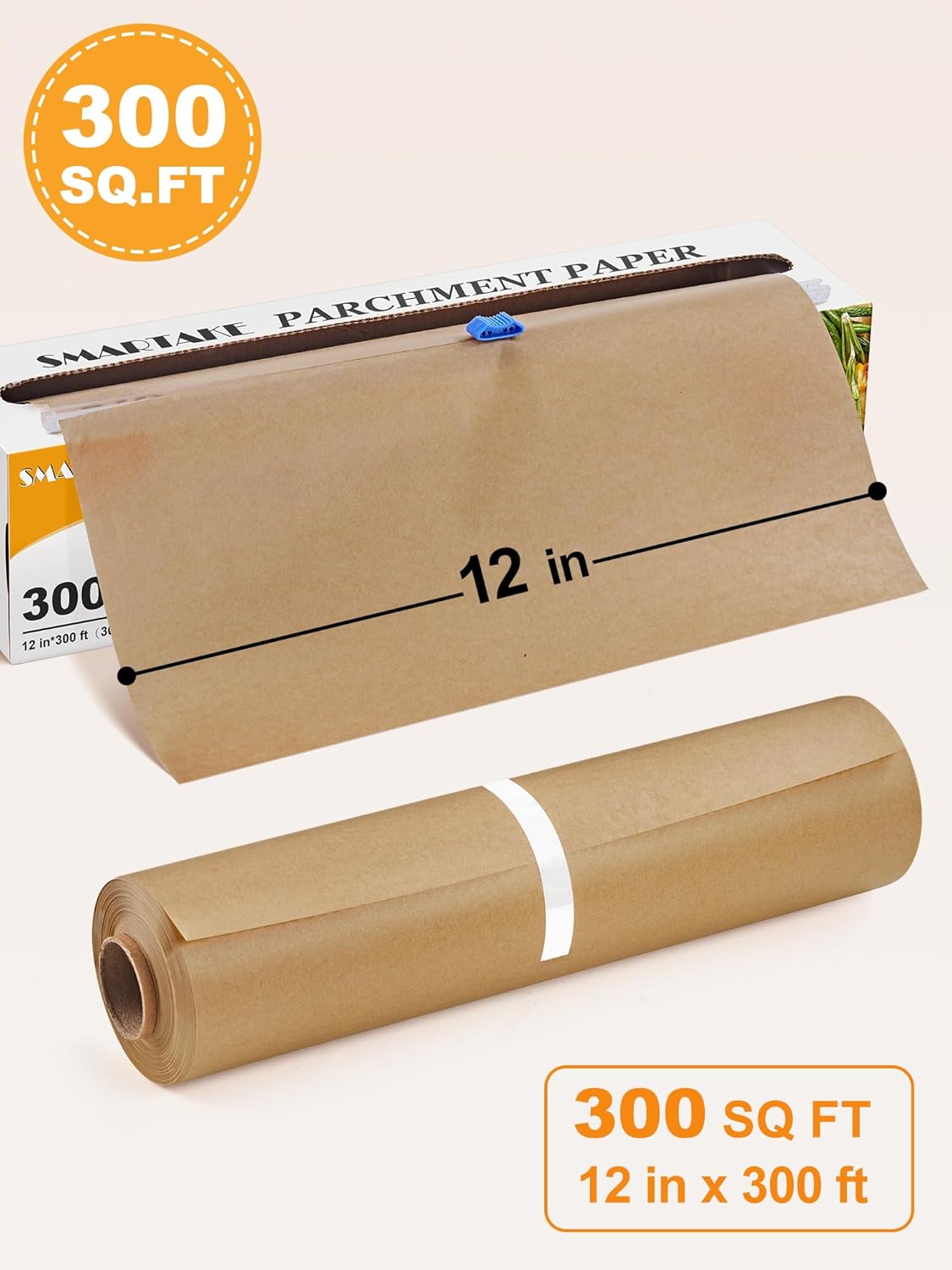 SMARTAKE Parchment Paper Roll - Non-Stick Baking Sheets with Slide Cutter | 12" x 300 ft, Heavy Duty