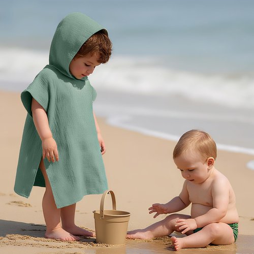 Frienda Muslin Hooded Beach Towel for 3-6 Years Kids Soft Muslin Bath Poncho for Baby Absorbent Fast Drying Blankets for Boys Girls Newborns Toddler Beach Pool Bath Essentials(Green)