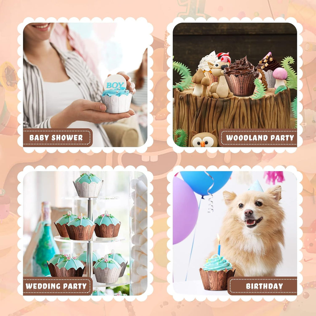 Skiennix Wood Grain Cupcake Wrappers - 120 Pcs Rustic Cake Liners for Baby Shower & Weddings | Woodland Theme
