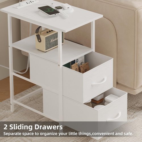Somdot End Table with Charging Station,Narrow Side Table with 2 Fabric Drawers,Skinny Nightstand with Storage,Small Slim Bedside Table for Living Room,Sofa,Bedroom,Couch,White Leather