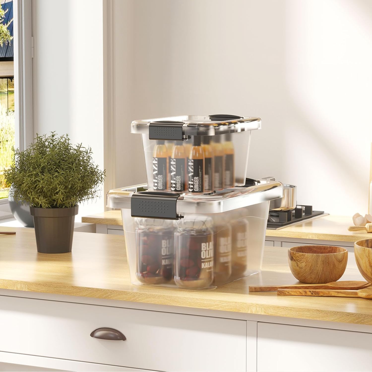 Nazhura Storage Bins - Stackable Clear Plastic Containers with White Lids | 6QT, 12-Pack