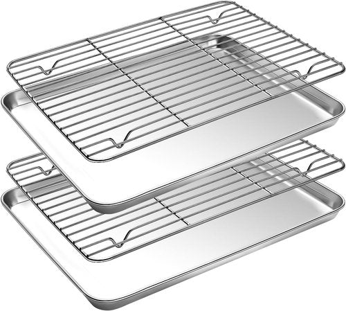CEKEE Stainless Steel Baking Sheet Set - Heavy Duty Cookie Pans with Cooling Racks | 9 x 7 Inch
