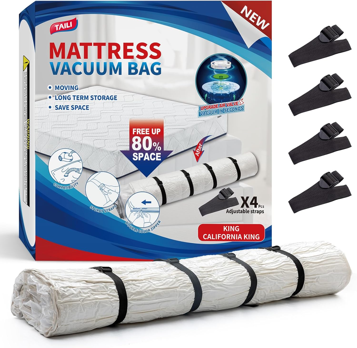 TAILI Mattress Vacuum Storage Bag - King/California King with 4 Straps for Easy Transport & Storage
