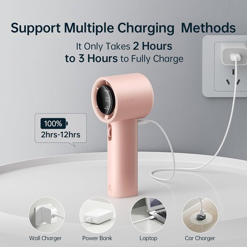 JISULIFE Portable Handheld Fan - Adjustable Speed Turbo Mini with 3600mAh Battery | Pink Travel Essential