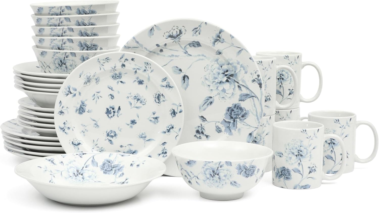 Martha Stewart Empress Bouquet Dinnerware Set - 30 Piece Porcelain Plates & Bowls | Chip & Scratch Resistant, Blue Floral