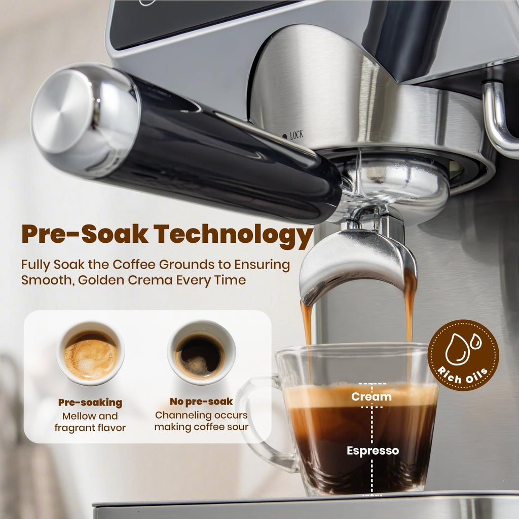 GeniCup Expresso Coffee Machines with Touchscreen 20 Bar Professional Espresso Maker with Milk Frother & Hot Water, Stainless Steel Coffee Maker for Latte Americano, Cappuccino Machine for Home Office