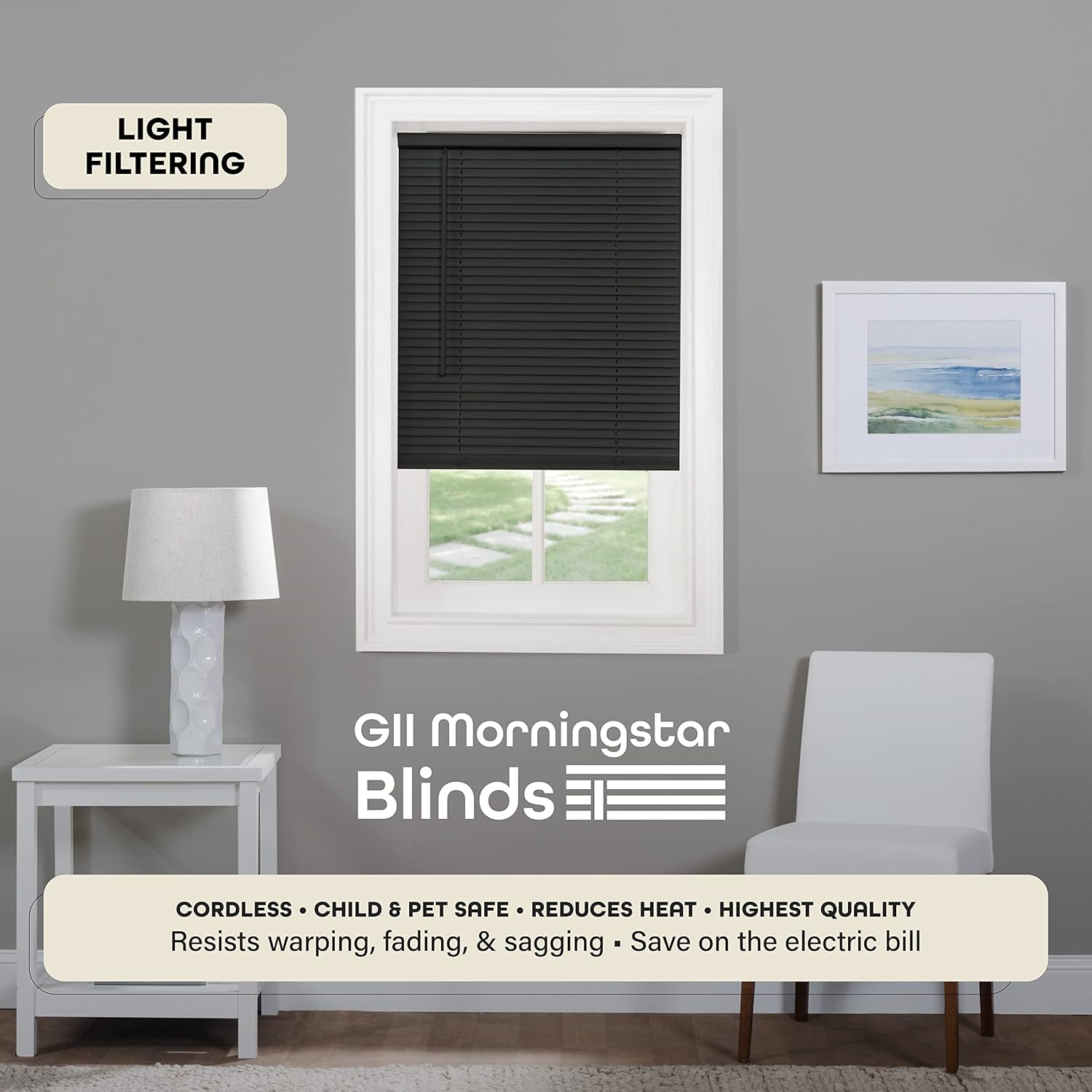 Achim Home Decor Cordless Mini Blinds - Light Filtering, 35" W x 72" L, 1" Slat Size - Black